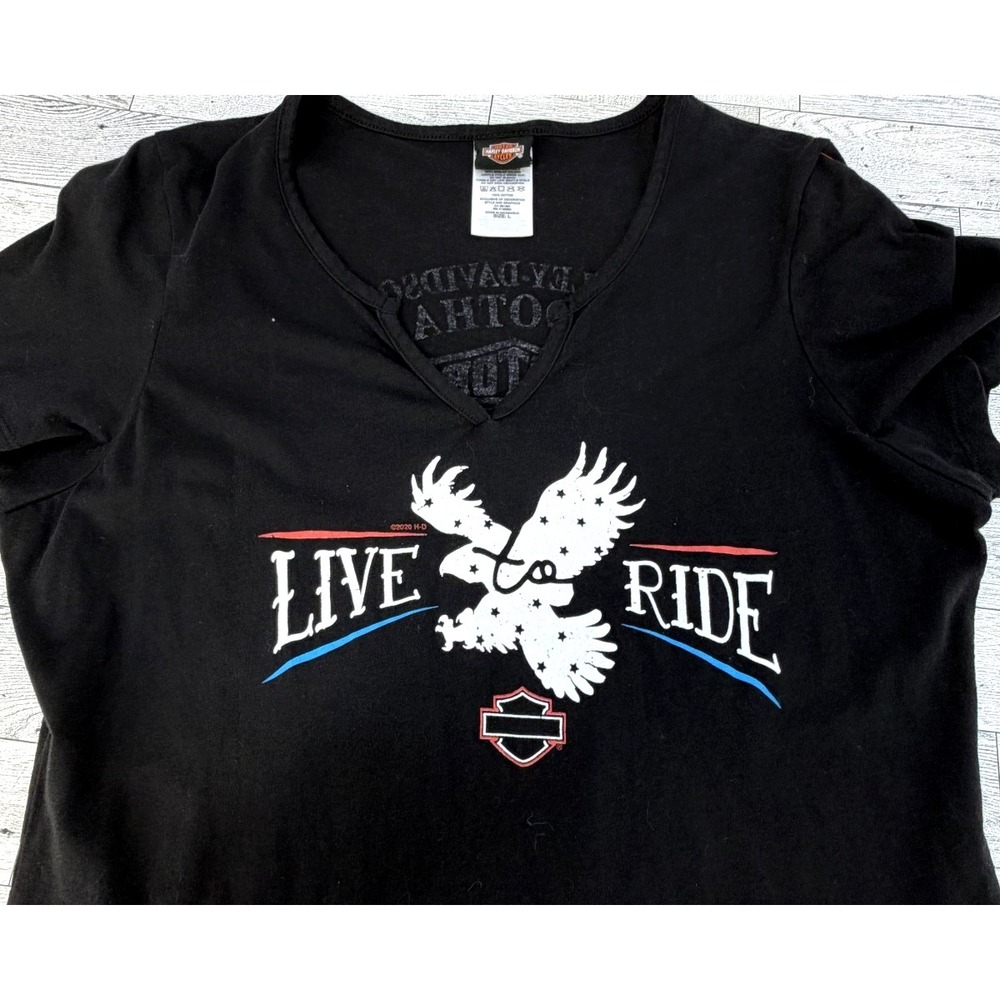 Harley Davidson Live To Ride Black Graphic Tee Womens USA Motorcycle LARGE Vneck